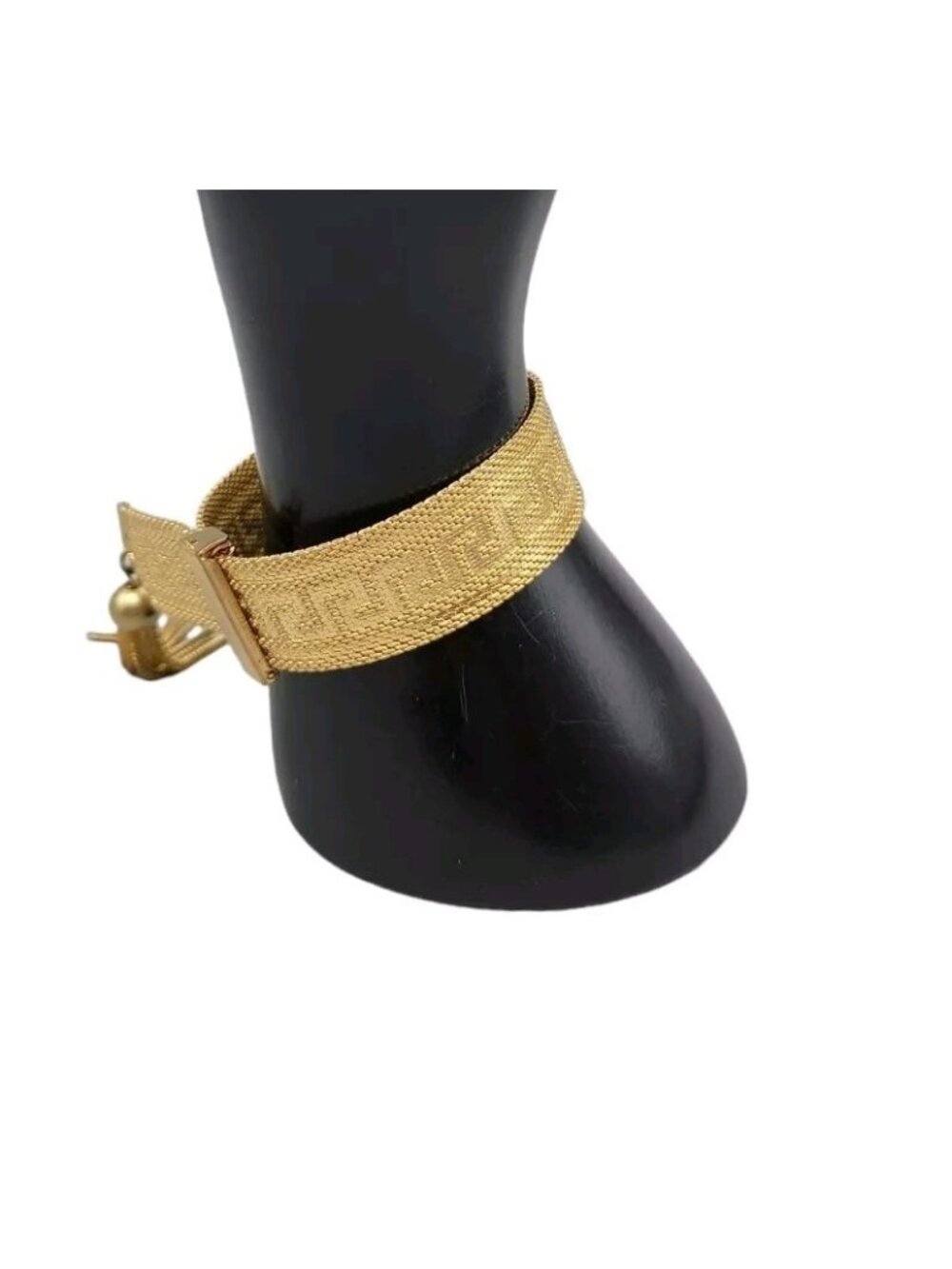 Art Deco Byzantine Greek Key Tassel Gold Tone Mesh Slide Bracelet - Picture 4 of 16